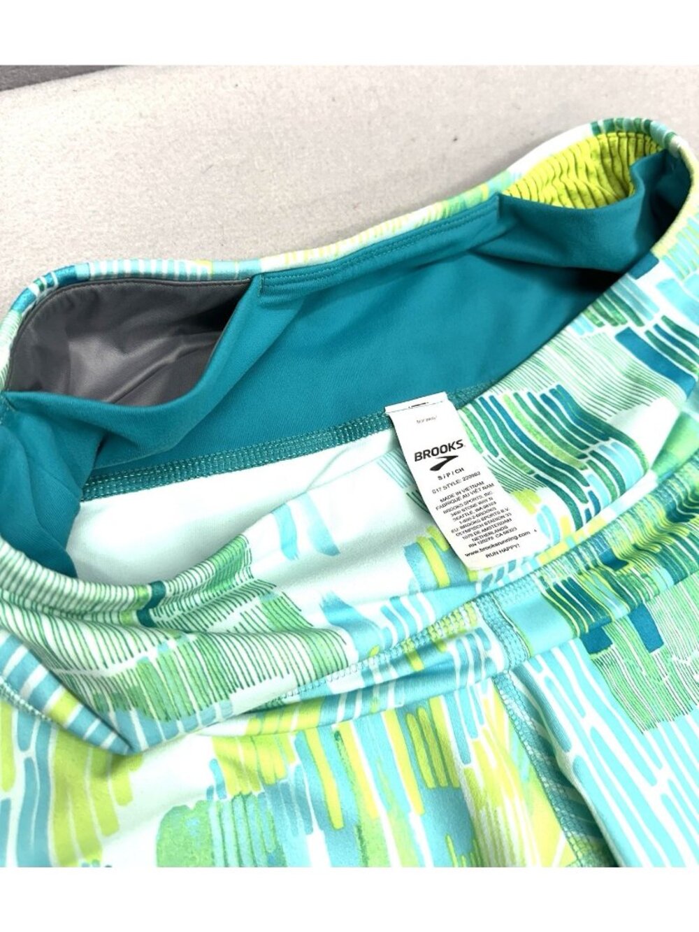 Brooks Running Capri Leggings Womens Size S Teal Lime Green Abstract Crop Pants - Picture 6 of 7